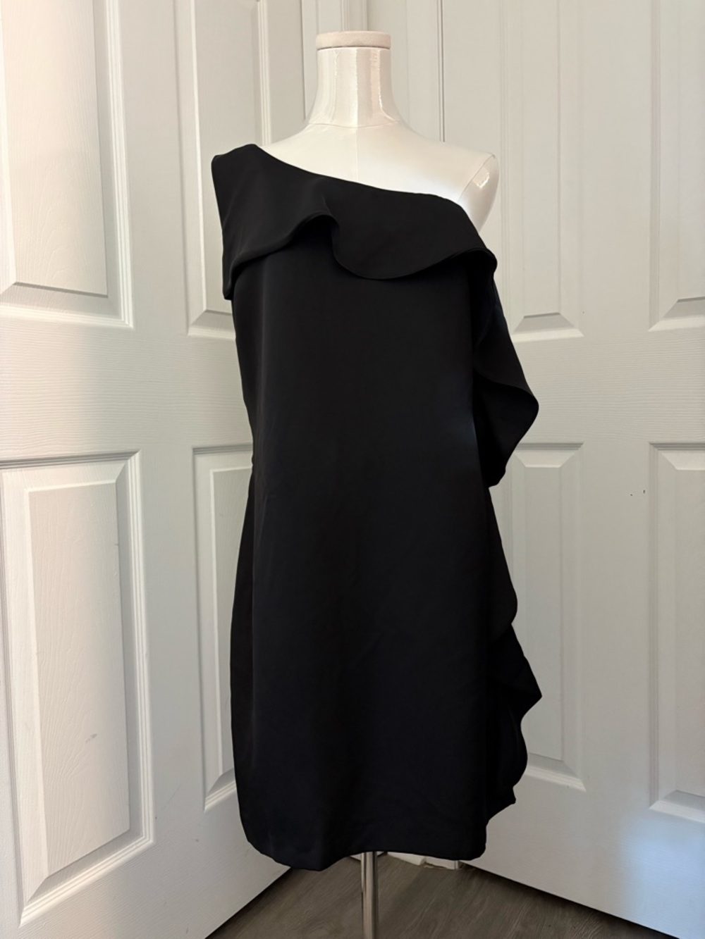 NINE WEST, Black One-Shoulder Ruffle Shift Dress, Size 10